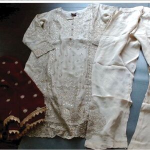 ✨ Womens Indian 3 Piece Sequin Embroidered Top & Pants w Matching Wrap-M…